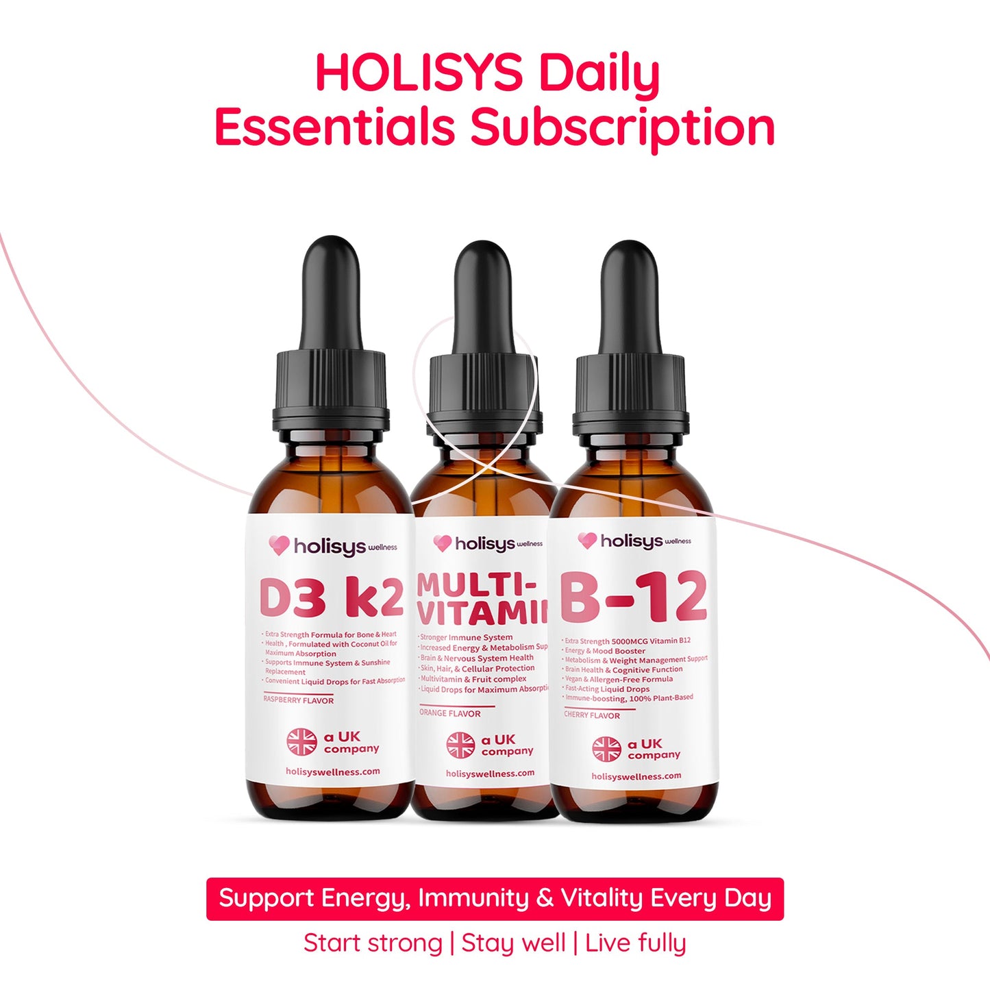Holisys 日常基础营养订阅组合 – 复合维生素 + 维生素 D3 K2 + 维生素 B12 滴剂